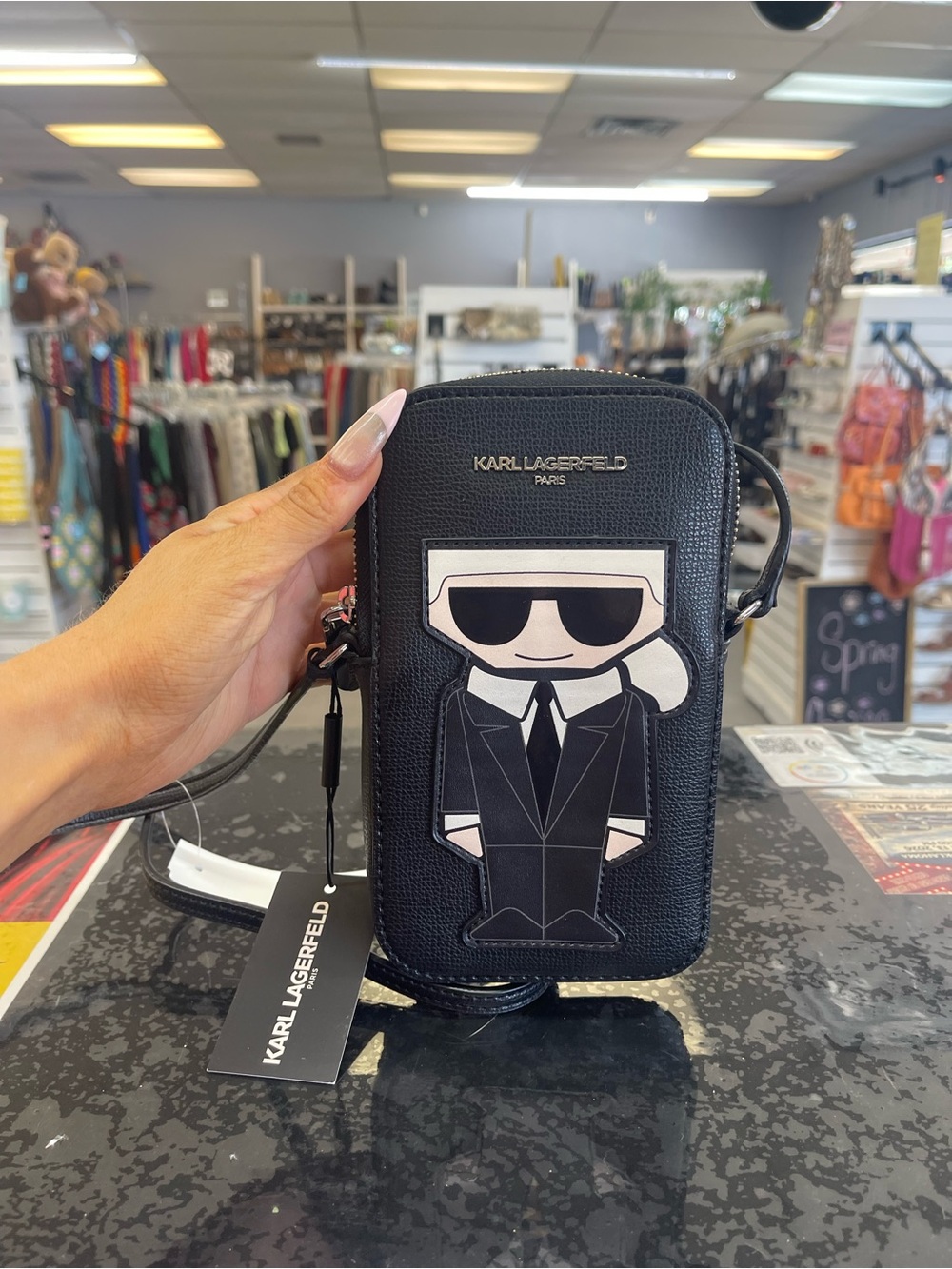 Karl Lagerfeld Black Faux Leather Cartoon Patch Crossbody Phone Pouch